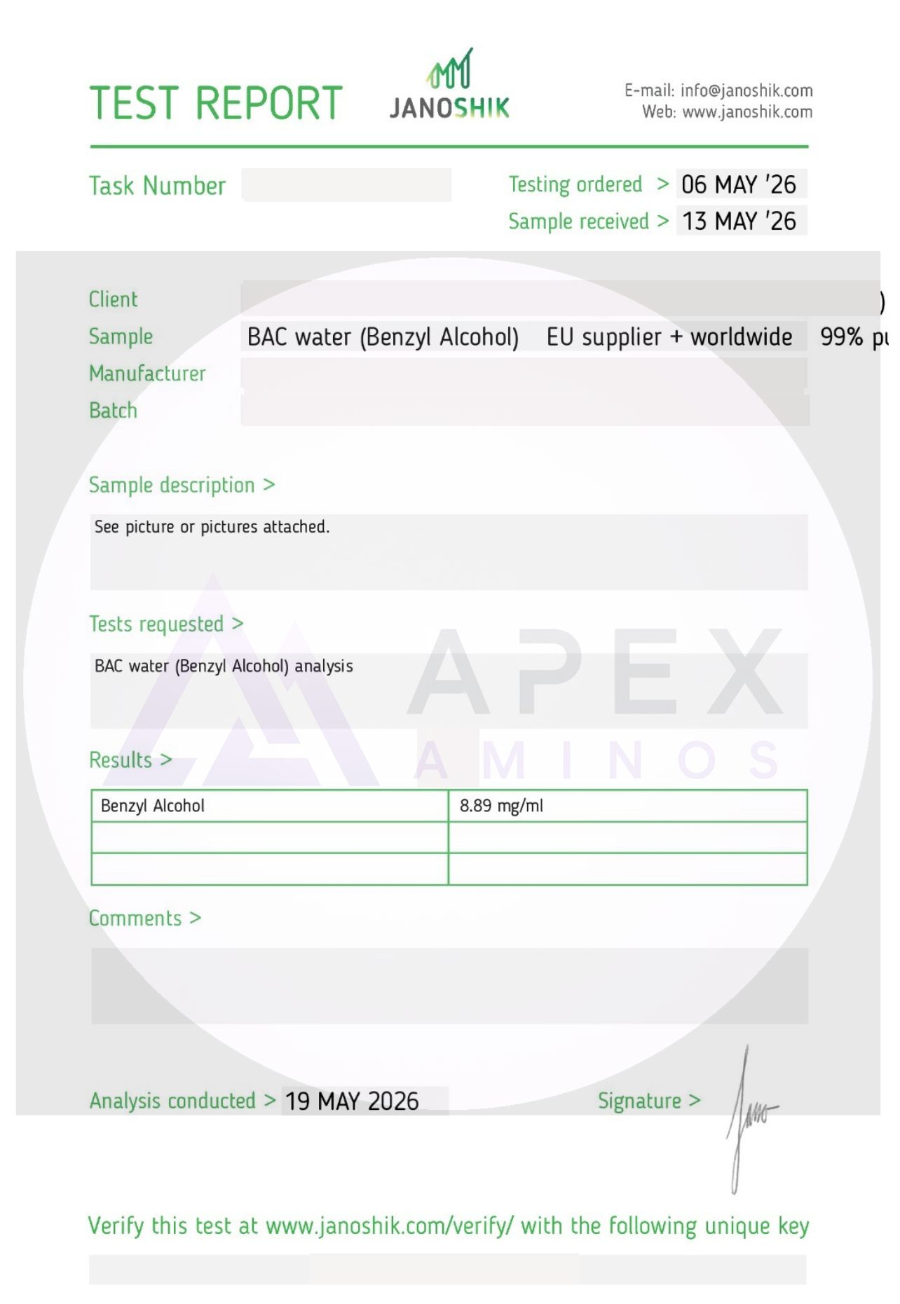 Bacteriostatic Water Certificate of Analysis